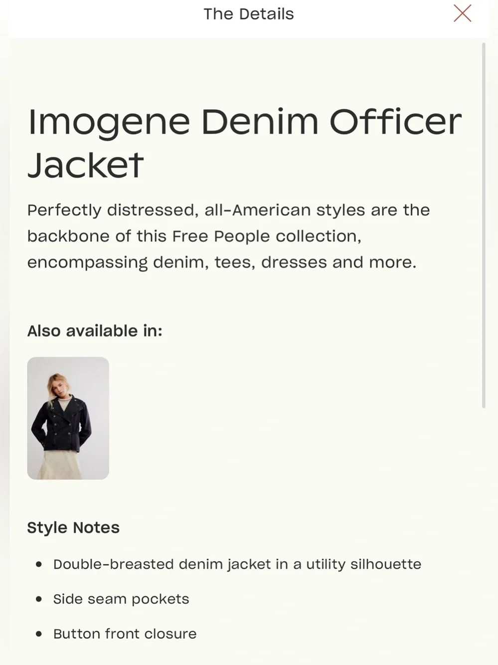Large we the free people Imogene denim officer jacket jean double breasted blue